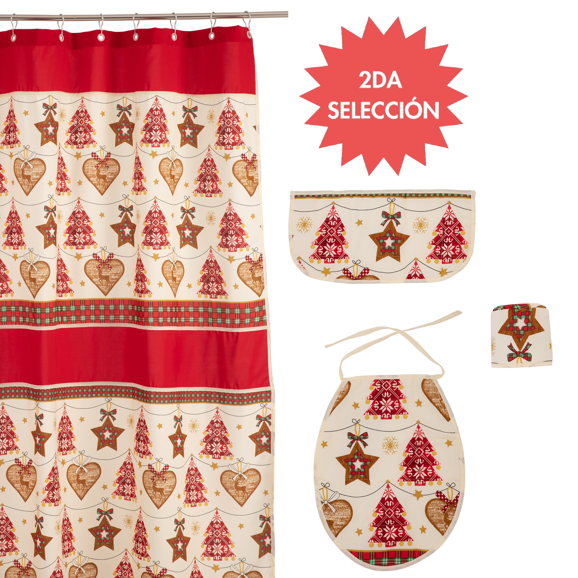 CORTINA DE BAÑO NAVIDAD 4P CRUDO ROJO SEGUNDA SELECCIÓN 180X180 CMS SKU NAVIDAD2